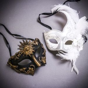 Black Gold Roman Greek Emperor White Feather Mask Couple's Masquerade Party